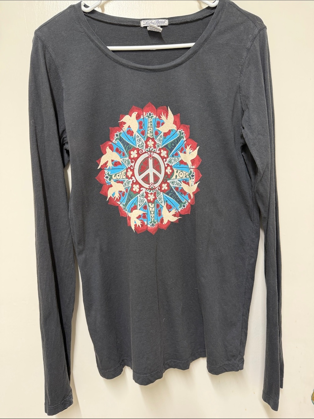Lucky Brand Black Long-Sleeve Tee with Red & Blue Peace Mandala